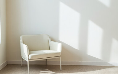 Cozy white chair placed in a sunlit corner of a minimalistic room