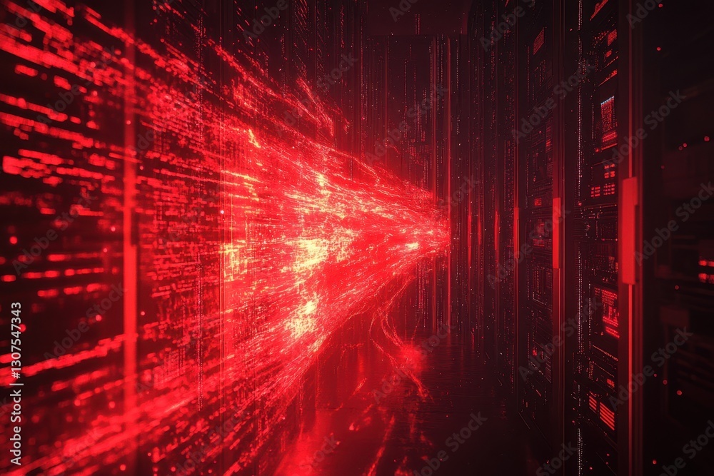 Poster dynamic red visual representation of data streaming through a digital server environment