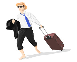Businessman in hat with suitcase came to vacation in suit. Vector illustration.
