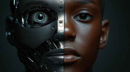 A striking portrait of a cyborg, juxtaposing human and machine. Synthetic and organic, the future unfolds in this close up on a human-cyborg hybrid