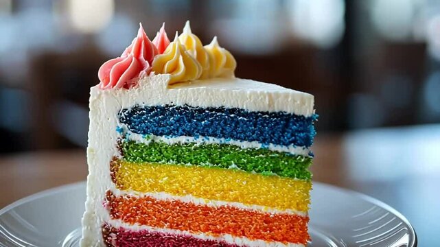 Rainbow layer cake slice on plate, cafe background, delicious dessert