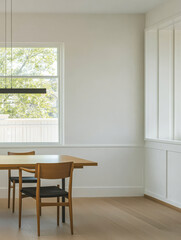 Fototapeta premium Bright and minimalistic dining area with wooden furniture and natural light