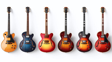 Set of various guitars, variety of acoustic guitars isolated on white background. Colorful vintage acoustic guitars	