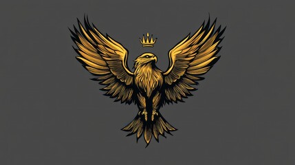 Obraz premium Golden Eagle in Flight, Symbol of Power, Gray Background. Possible Stock Photo