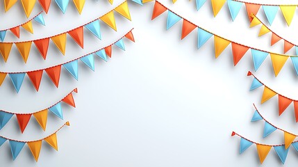 A series of multicolored bunting flags strung in a gentle arc across a pristine white background. Each triangular flag features bright, evenly saturated hues with smooth fabric texture and crisp