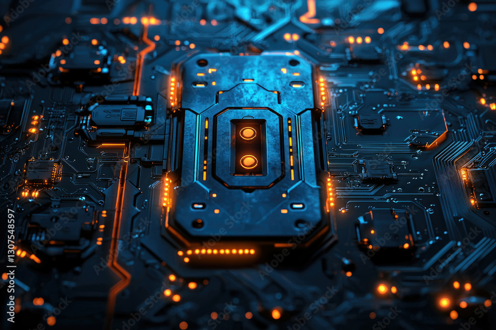 Poster close-up of a futuristic circuit board with glowing orange accents, showcasing intricate technologic