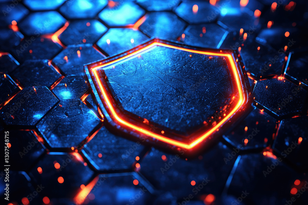 Poster glowing shield emblem on a hexagonal, metallic, futuristic surface. cyberpunk security concept.