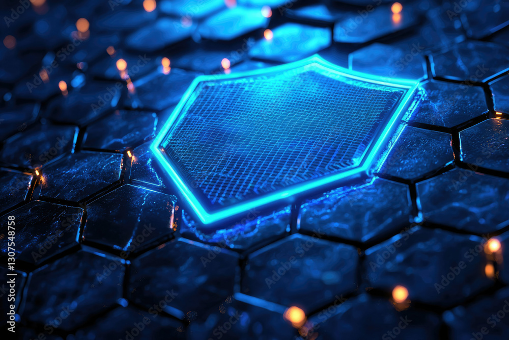 Poster a glowing blue hexagonal shield on a dark, technological background symbolizing digital security and