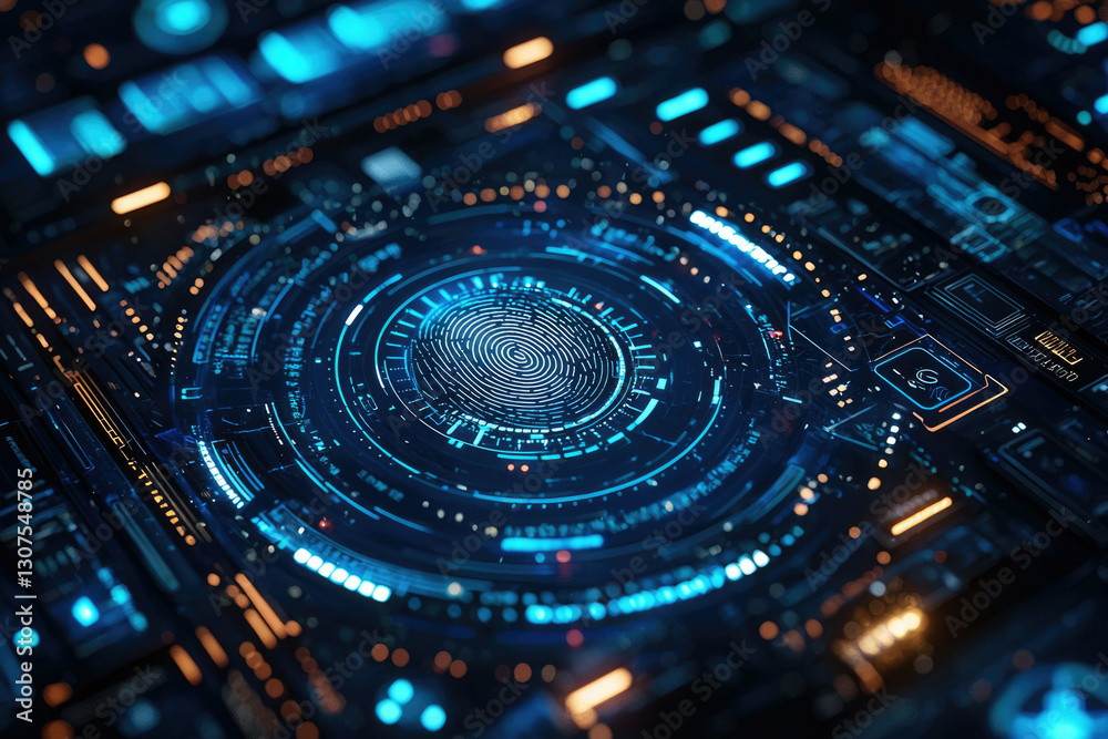 Poster Futuristic digital interface displaying a glowing fingerprint scan for biometric security authentication.