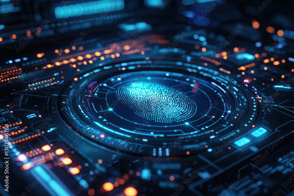 Poster futuristic digital fingerprint scan interface, glowing blue and orange, biometric security system.