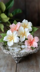 Fototapeta premium A silver water bowl with white and pink floating flowers, capturing the elegance and tradition of Thai ceremonies, illuminated by soft lighting.