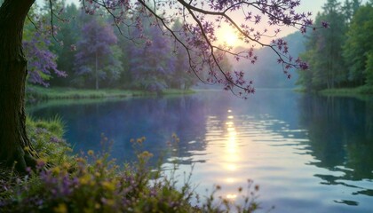 Obraz premium Tranquil Lake at Sunset with Purple Flowers