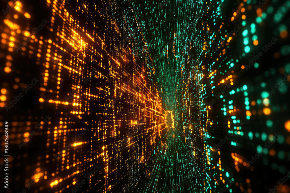 Leinwandbilder abstract digital tunnel with glowing orange and teal particles, creating a futuristic and technologi