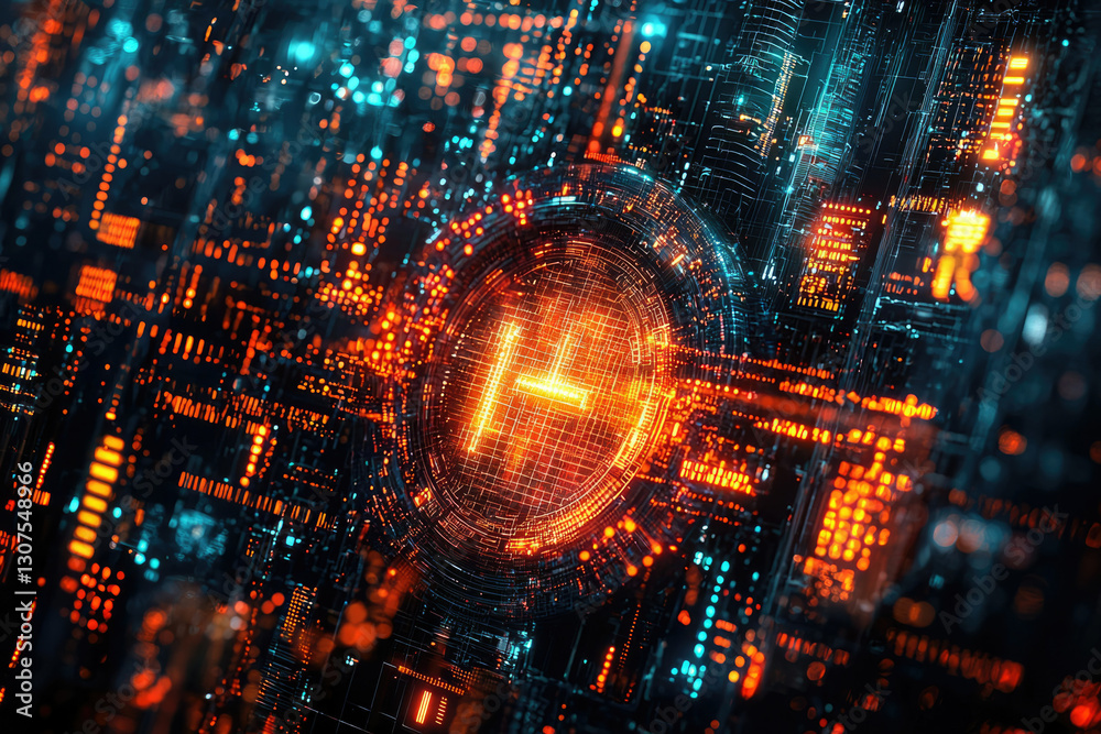 Poster Abstract digital art depicting a glowing H symbol within a complex network of circuits, representing technology and innovation.
