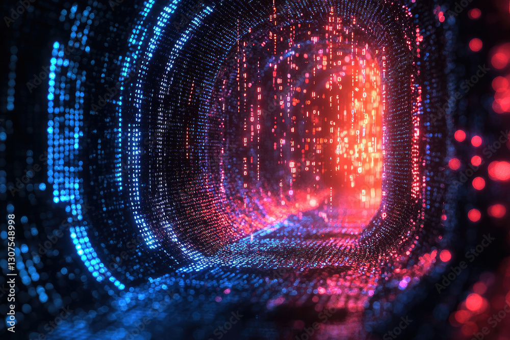 Poster A mesmerizing digital tunnel of swirling binary code, glowing in vibrant red and blue hues.