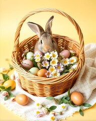 Adorable Easter bunny peeking out of flower-filled basket, Happy Easter concept 