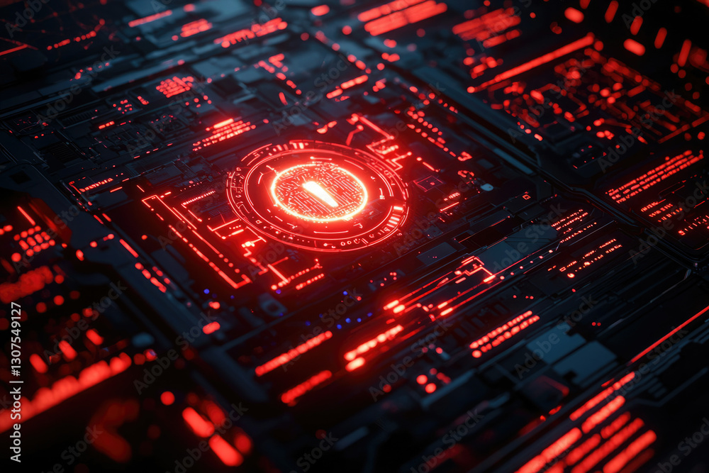Poster Futuristic red glowing circuit board with central digital display showing a number one.