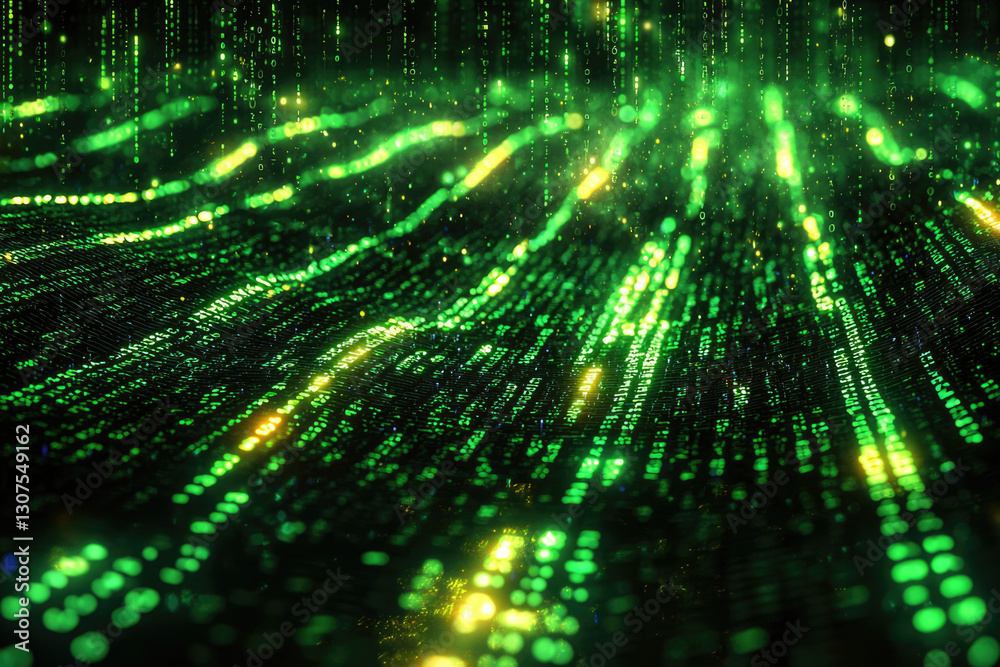 Poster Abstract digital data stream, glowing green binary code cascading down, futuristic technology background.