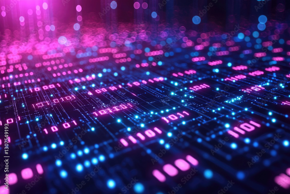Poster Abstract digital circuit board glowing with pink and blue binary code, representing data flow and technology.