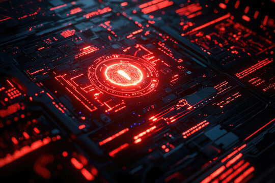 Futuristic red glowing circuit board with central digital display showing a number one.