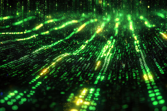 Abstract digital data stream, glowing green binary code cascading down, futuristic technology background.