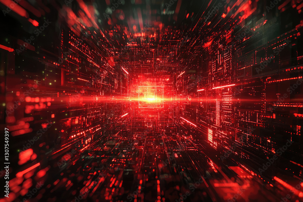 Poster Abstract digital tunnel glowing red, showcasing futuristic technology and data streams.