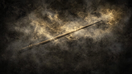 Naklejka premium Illuminated wand emits bright energy in darkness. Wooden staff with glowing magical effect. Mystical object with light particles and smoke.