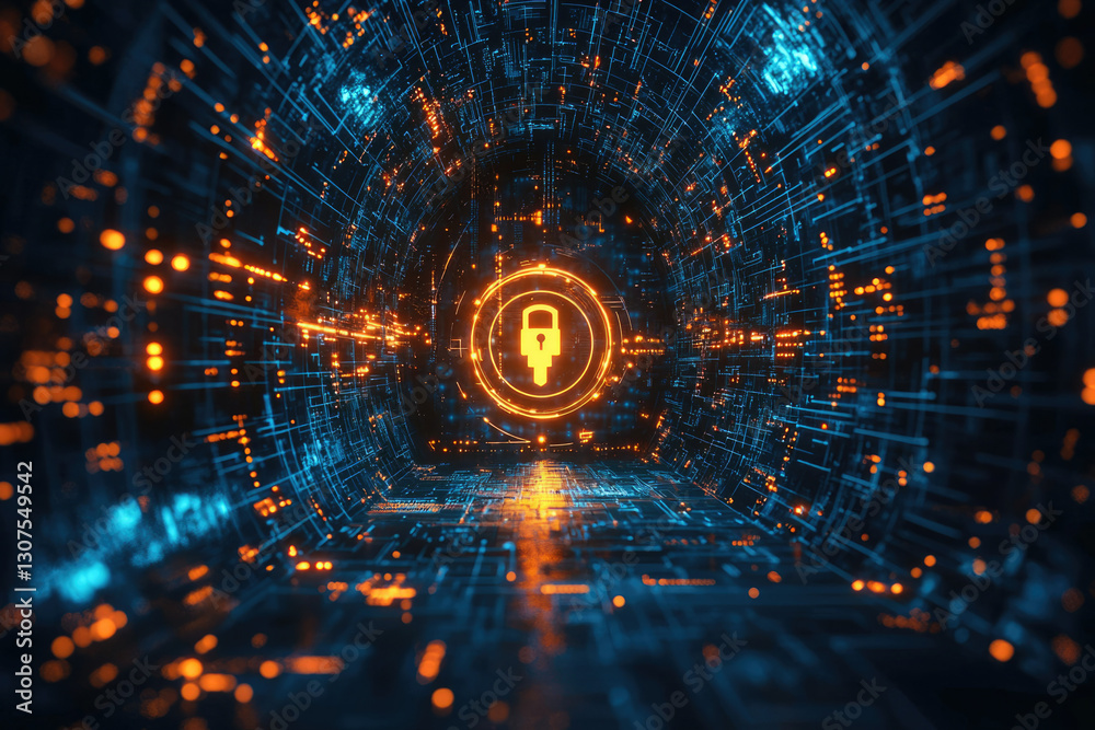 Poster cybersecurity concept: glowing digital tunnel with a padlock symbol representing data protection and