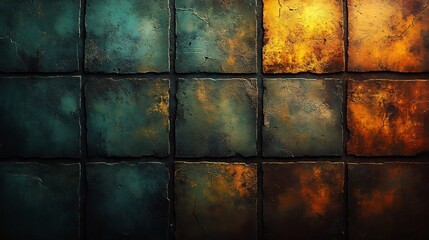 Rustic Teal and Amber Tiles Darkly Lit Wall Texture. AI Generated