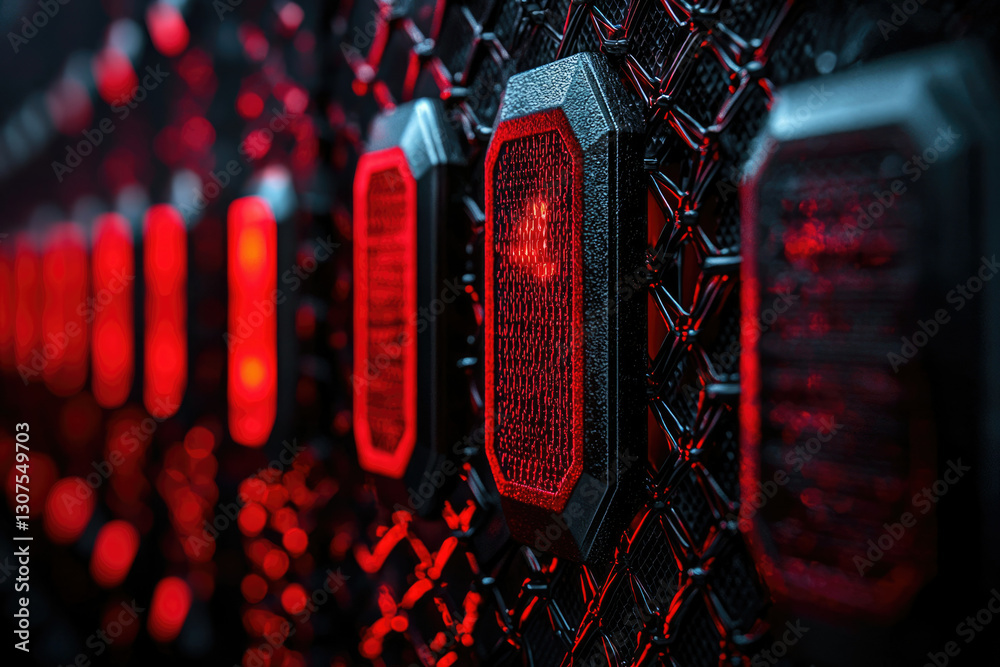 Poster a close-up of a futuristic, dark metallic grid with glowing red rectangular units.
