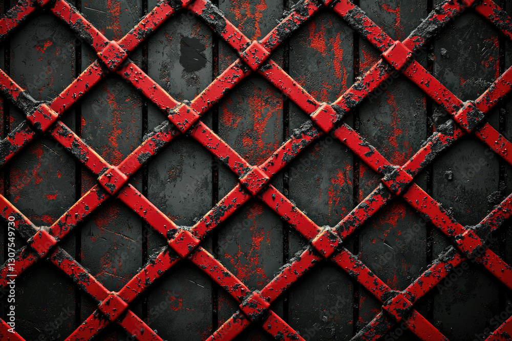 Poster rusty red metal grid pattern on dark background, grunge texture.