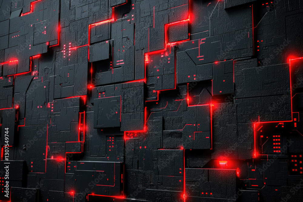 Aufkleber Abstract 3D rendering of a dark futuristic technological surface with red glowing lines.