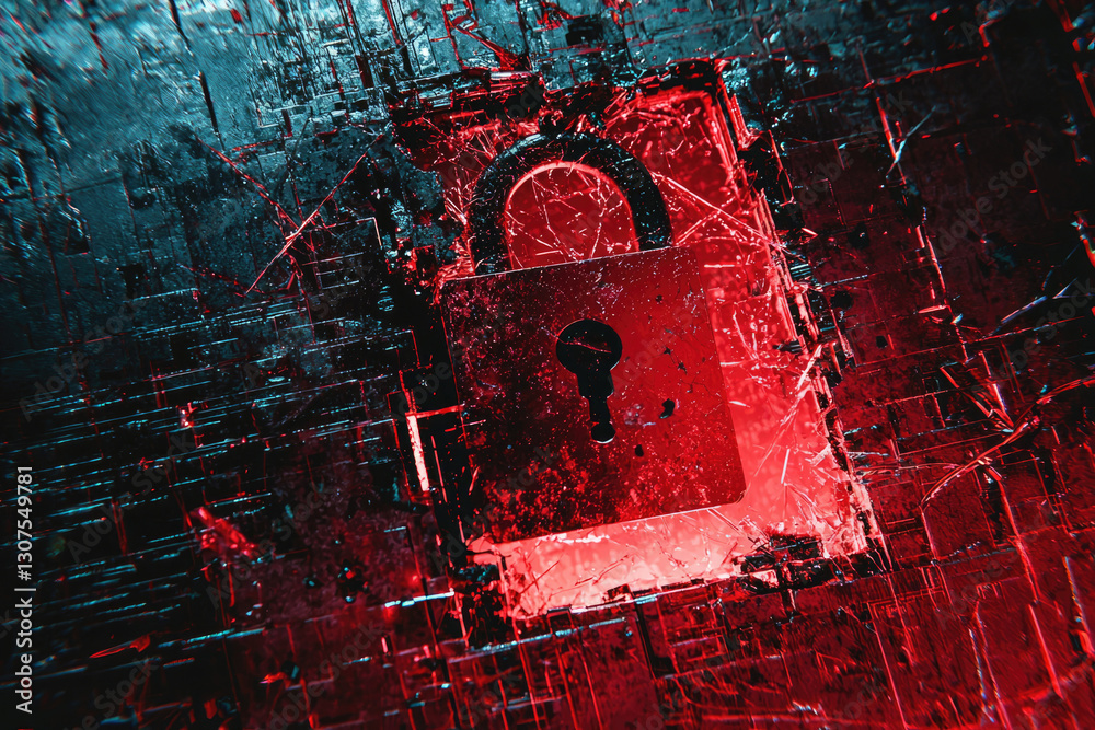 Poster A shattered red padlock embedded in a cracked digital circuit board, symbolizing cybersecurity breach and data vulnerability.