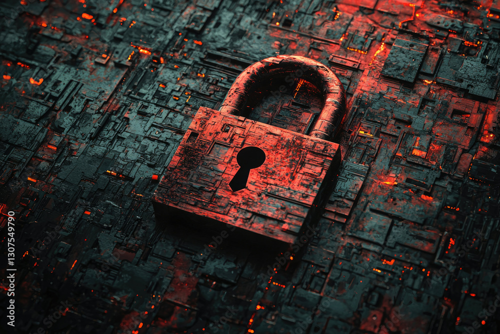 Poster A metallic padlock rests on a complex circuit board, symbolizing digital security and data protection.