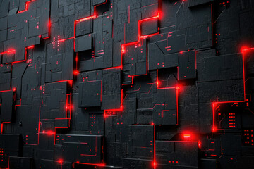 Abstract 3D rendering of a dark futuristic technological surface with red glowing lines.