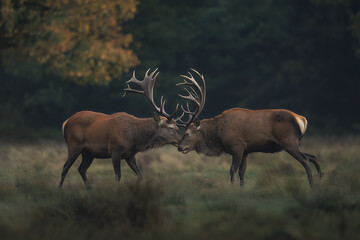 Fototapeta premium Photorealistic Autumn Scene: Two Red Deer Stags Battling in Forest Clearing