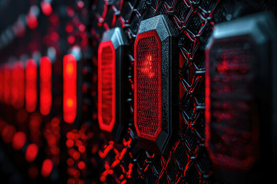 A close-up of a futuristic, dark metallic grid with glowing red rectangular units.