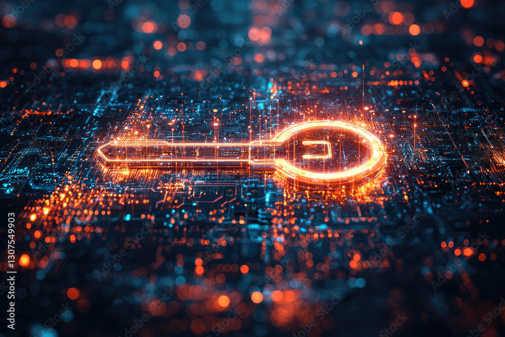 Poster a glowing digital key on a circuit board symbolizes cybersecurity, data protection, and access contr