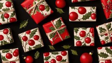 Festive Red and Cream Wrapped Christmas Gifts on Dark Background