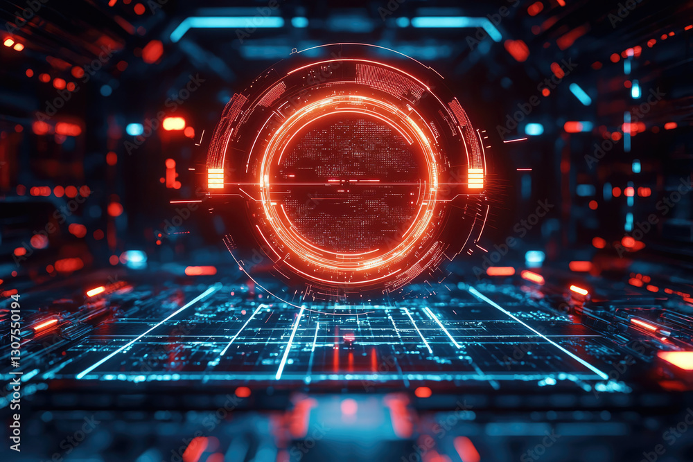 Poster Futuristic digital interface with glowing red and blue circuits, displaying technological data.