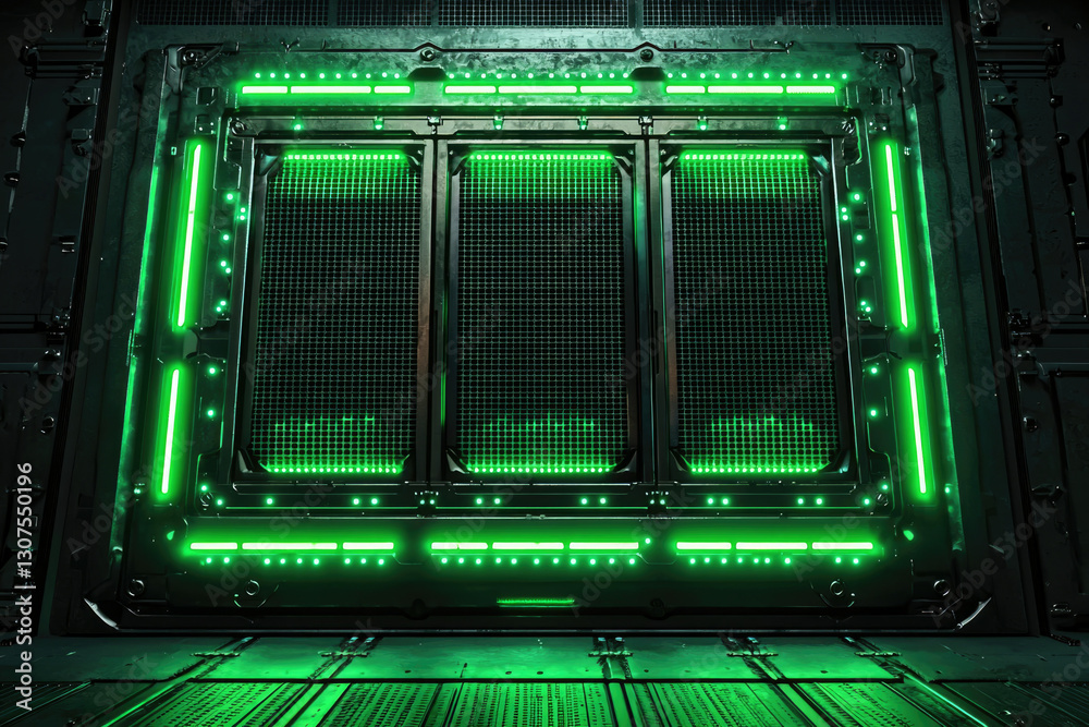 Poster futuristic green-lit server room with three large panels, showcasing advanced technology.