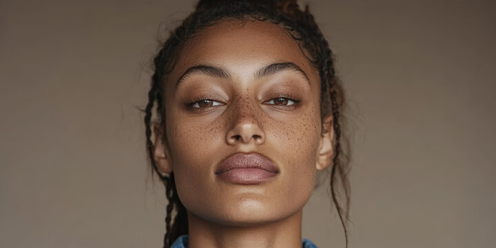 Portrait of a young woman with natural beauty and unique features in soft lighting