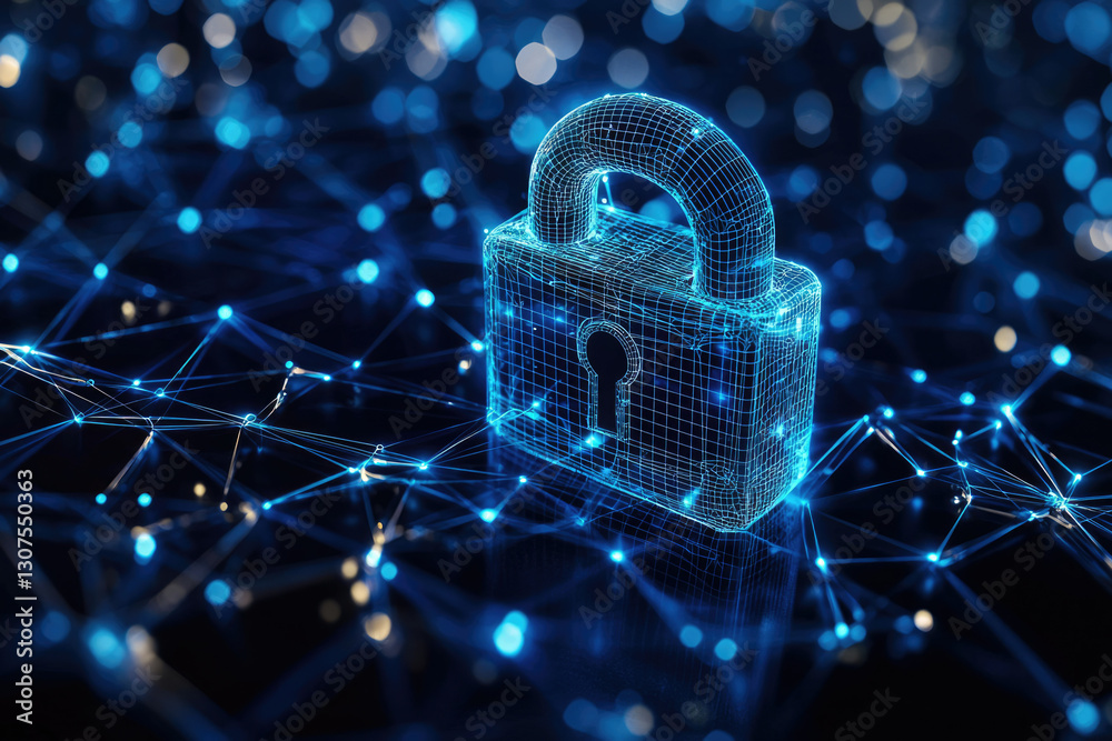 Poster digital lock symbolizes cybersecurity, data protection, and network security in a digital world.
