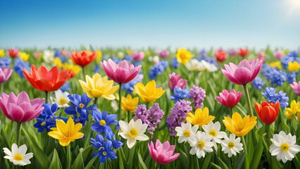 Vibrant tulips and spring blossoms filling lush green field, radiant sunlight illuminating colorful petals against clear azure sky