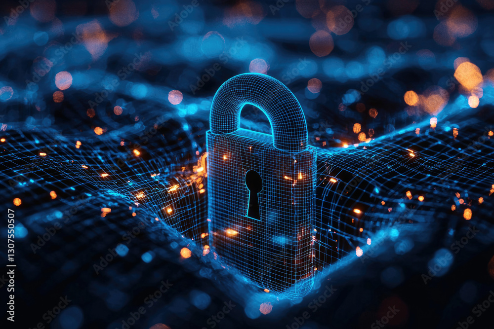 Poster a digital padlock secures a network, symbolizing cybersecurity and data protection in a modern digit