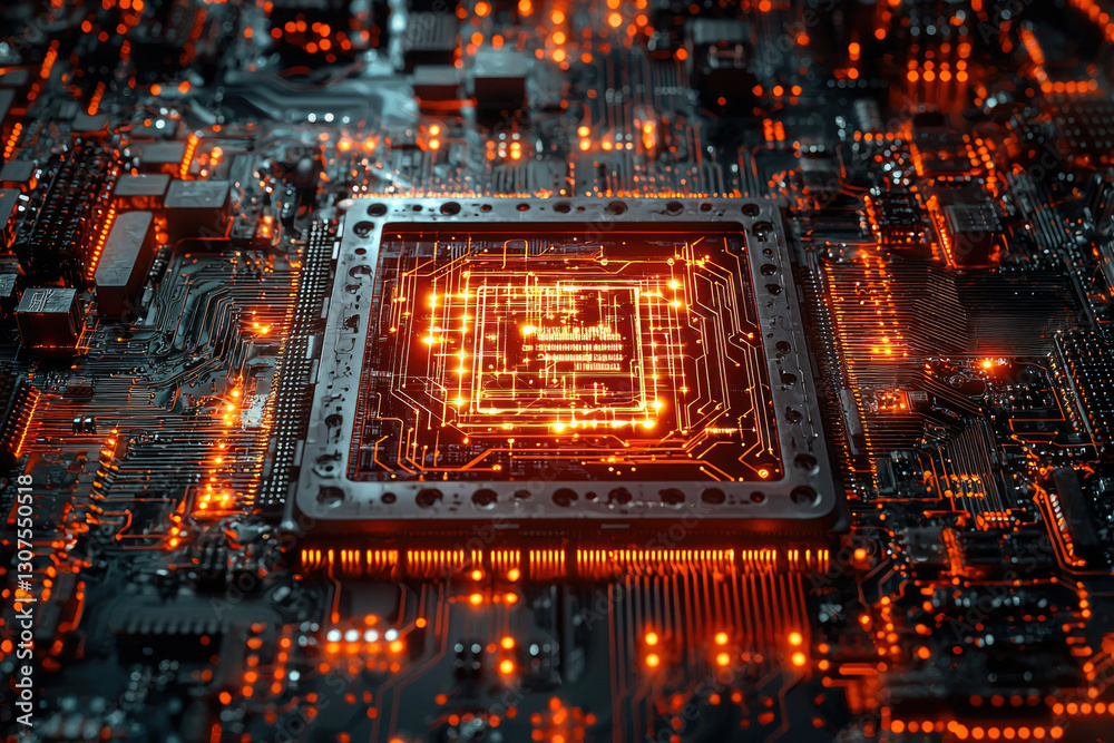 Poster Close-up of a computer's central processing unit, showcasing intricate circuitry and glowing orange lines.