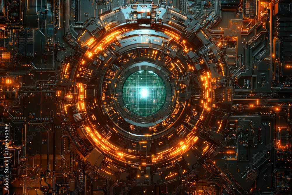 Poster futuristic digital core, glowing circuits and intricate technological design.