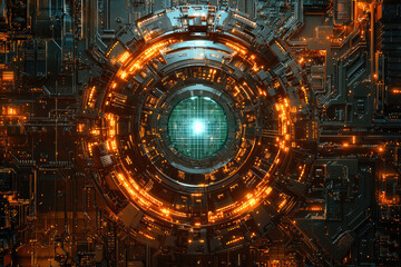 Fototapeta premium Futuristic digital core, glowing circuits and intricate technological design.