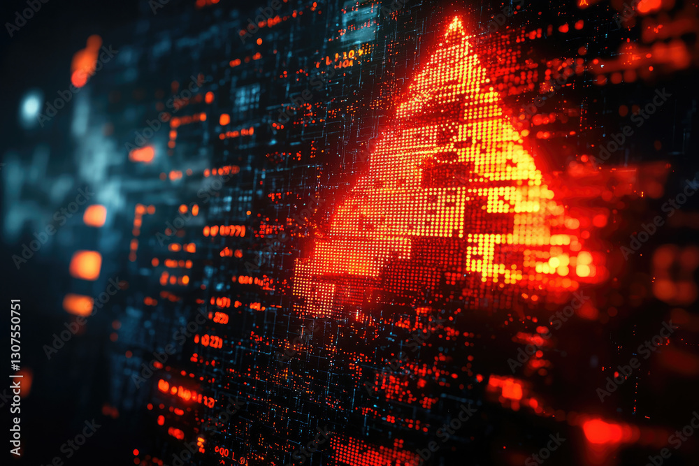 Poster a glowing red triangle, formed by digital data points, symbolizes digital security or cyber threat.