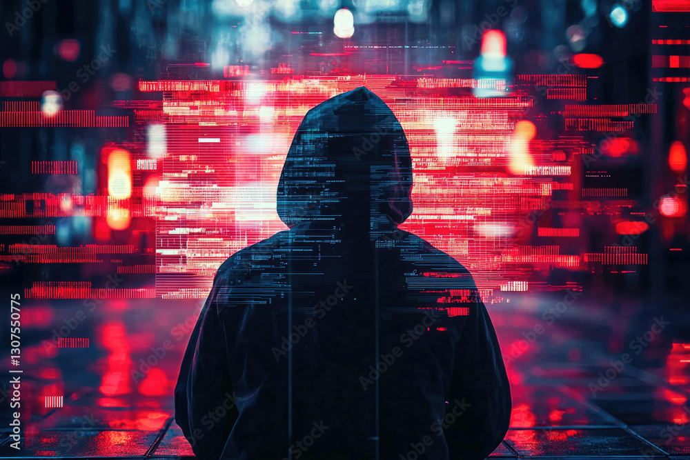 Poster A hooded figure stands before a screen displaying red data streams, symbolizing cybercrime and hacking.